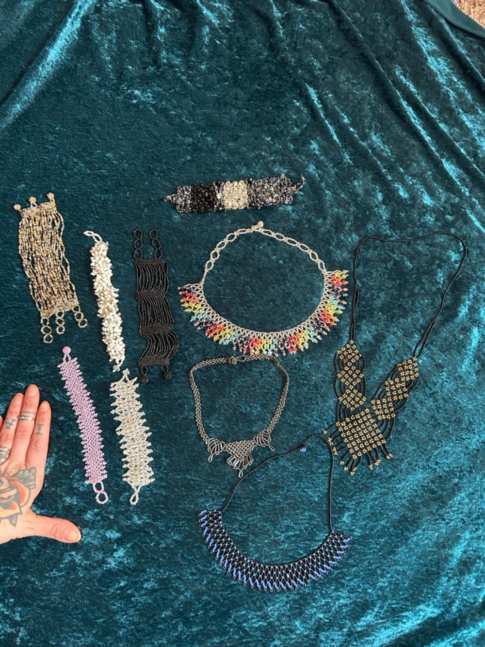 Handmade Multicolor Beaded Statement Necklace and Bracelet - Boho Fringe Accent